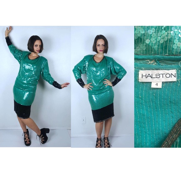 vintage 70s Jade Green HALSTON Sequined COCKTAIL DRESS Small/4 designer party - Picture 1 of 10